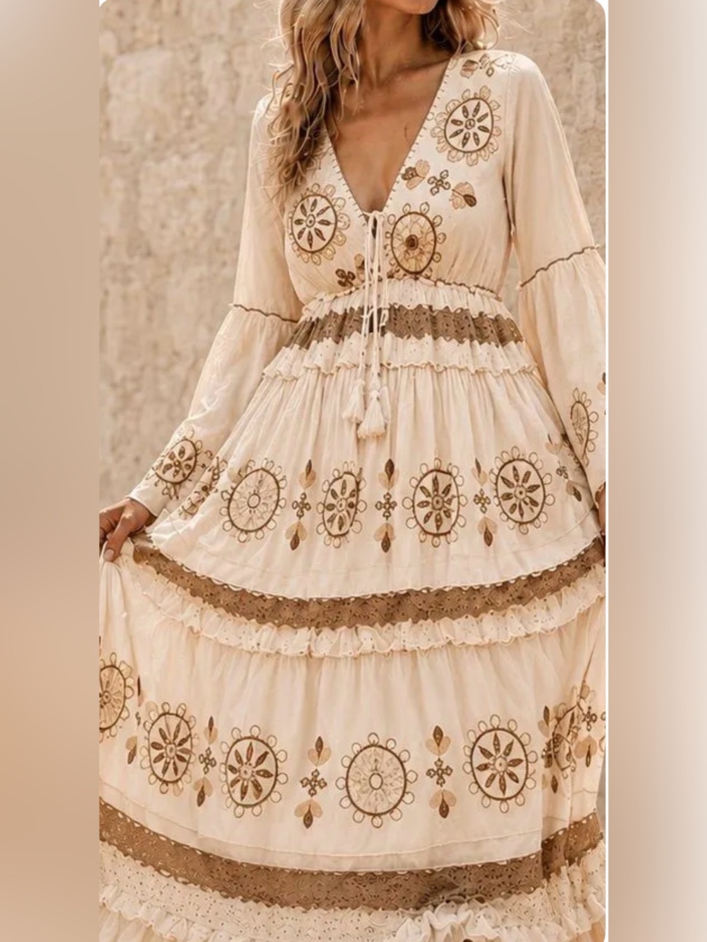 98. Boho Embroidered cream tan Maxi Dress with Gold Accents